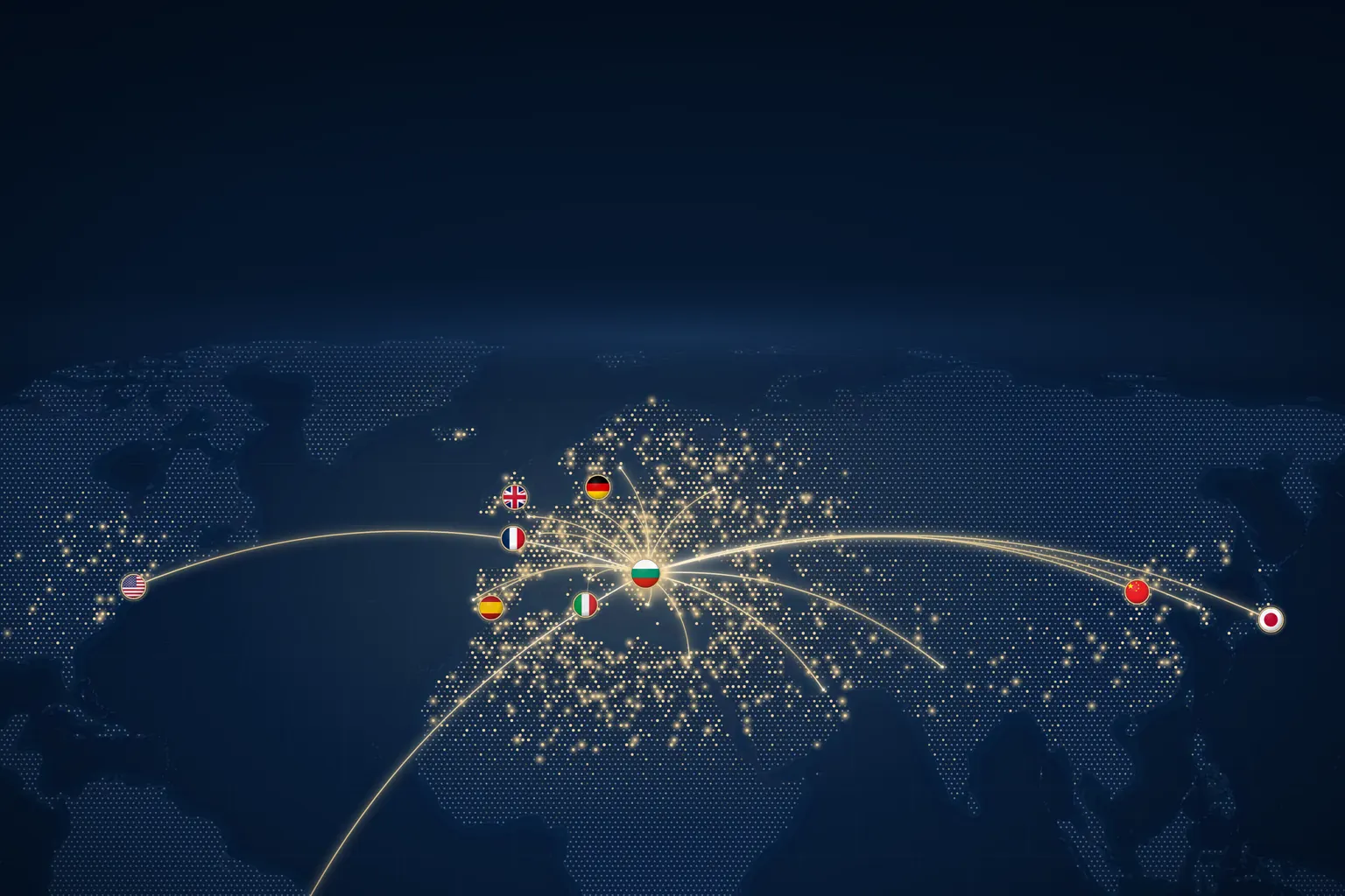 Illustrated world map with gold arcs linking Bulgaria to language hubs worldwide